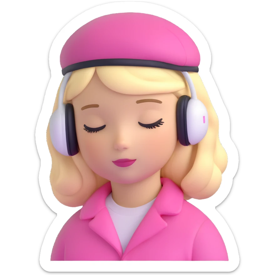 blonde American girl wearing a pink beret and AirPods Max headphones, listening to music with closed eyes sticker