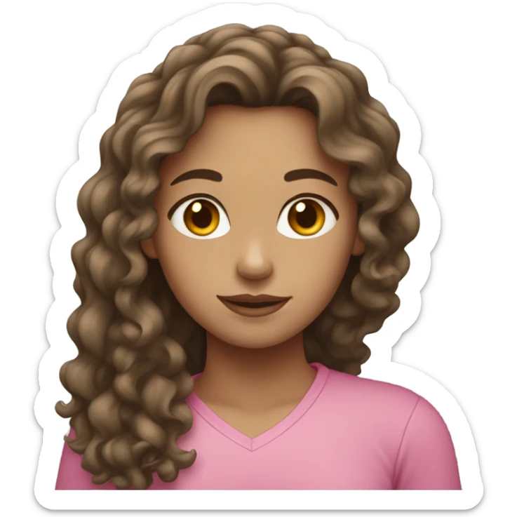 Girl with curly long brunette hair and light skin white a pink shirt  sticker