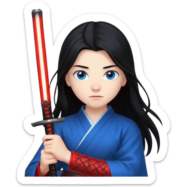 A 14 year old with red glowing katana and his hair be long and eye colour of blur sticker