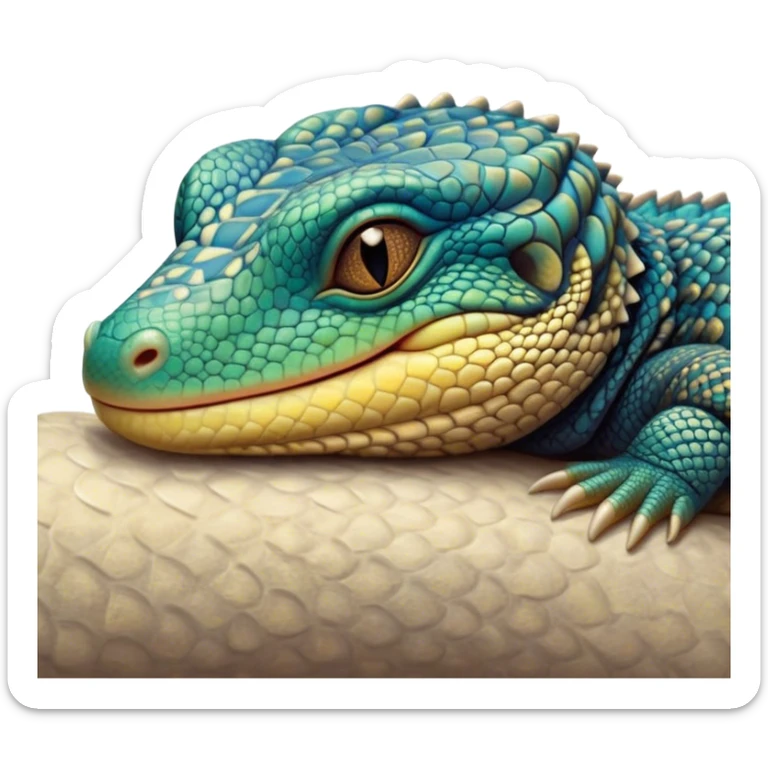 Meme-Worthy cute Sleeping Monitor Lizard Portrait Emoji, Head resting peacefully with a contented smile, showcasing intricately patterned scales and eyes gently closed in serene slumber, Simplified yet comically adorable features, highly detailed, glowing with a soft, drowsy earthy light, high shine, relaxed and utterly lovable, stylized with an air of playful laziness, bright and heartwarming, soft glowing outline, capturing the essence of a sleeping reptilian guardian that feels destined to become the next viral icon of adorable rest! sticker