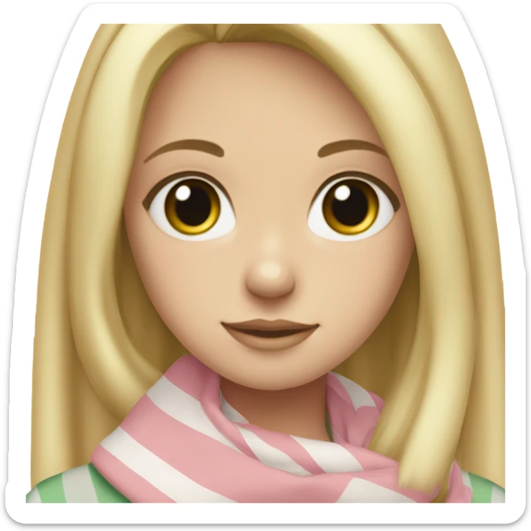 Blonde girl with blue eyes eyelashes no lipstick in a light pink shirt with gray and green thick stripe scarf sticker