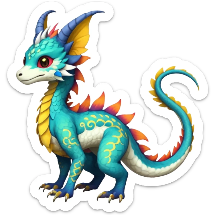 Beautiful pretty cool edgy elegant realistic Feral Rare Fantasy colorful vibrant Vernid-Trico-Haku-dragon-species-Fakemon-creature by LiLaiRa, random markings, tufted tail, tufted ears, full body sticker