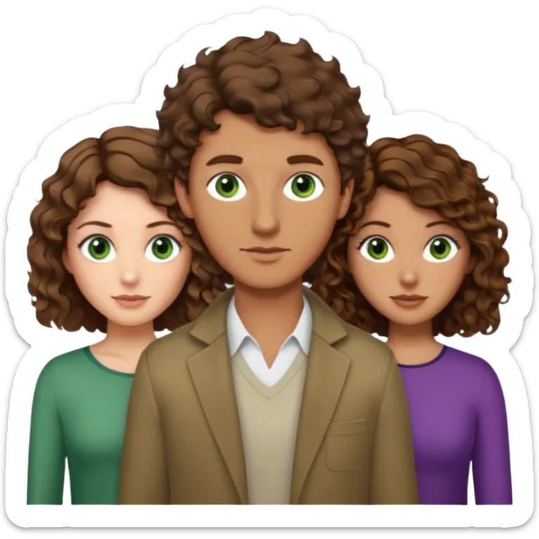 Man in the middle with brown hair and green eyes, women next to him with short brown hair with slight waves, taller women on right side with shoulder length curly hair and brown eyes sticker