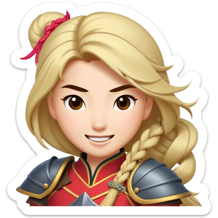 Cinematic Playful Mulan Portrait Emoji, Mid-laugh with a strand of hair falling over her face, adjusting her armor, eyes full of adventure, exuding an irresistible mix of beauty and fun, the perfect blend of warrior and princess! sticker