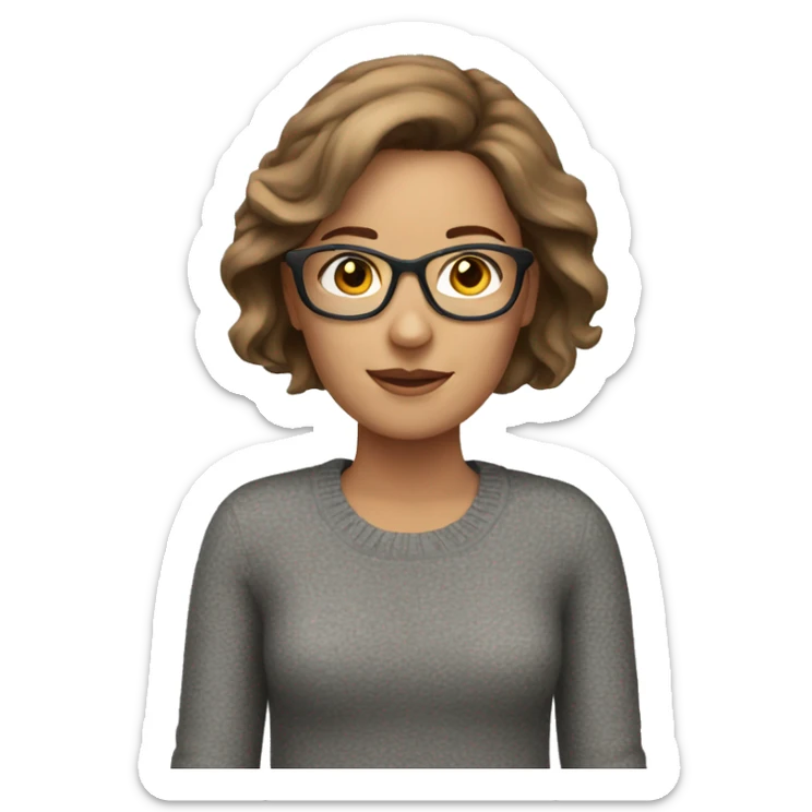 White woman, brown hair, gray sweater, glasses sticker