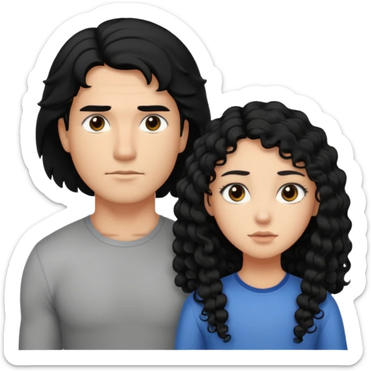 A strong man with straight black hair protecting a shorter girl with long curly black hair sticker