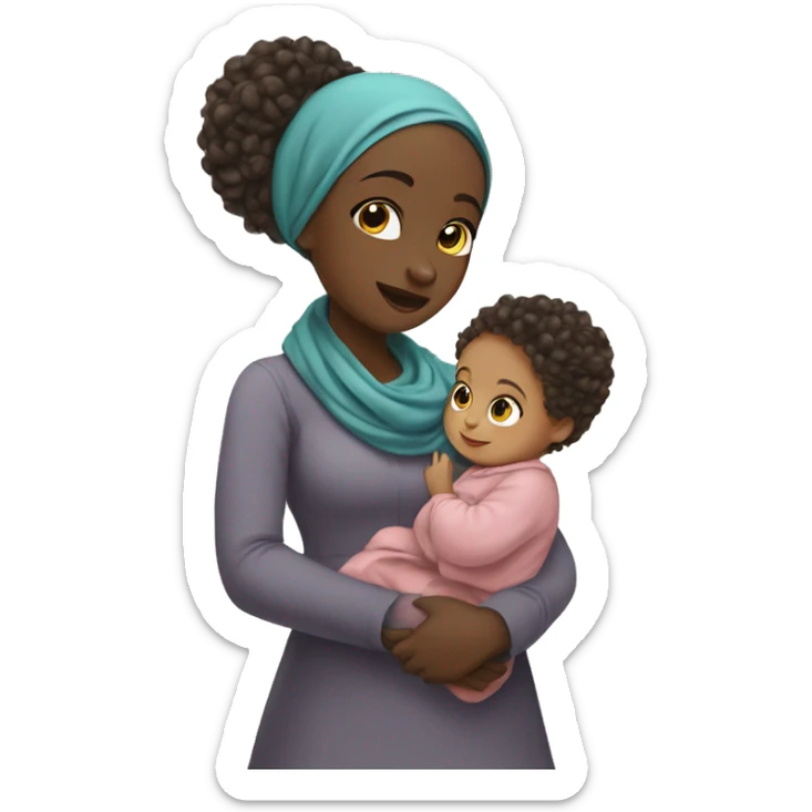 girl with Hijab carrying a curly hair baby, while holding hand with a girl toddler sticker