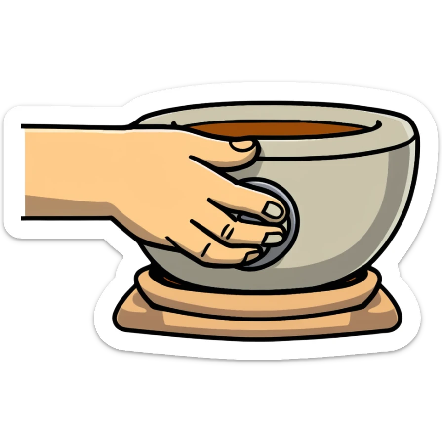 thumb pressing side of clay onto a silver pottery wheel, thumb at the bottom of the clay, pottery gesture sticker
