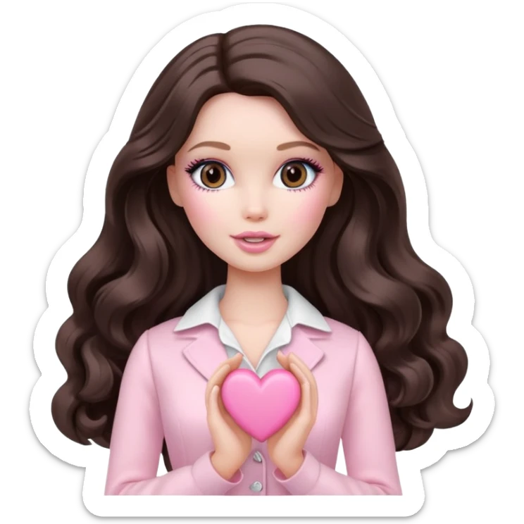 A white Barbie girl with makeup and long dark brown wavy hair in pale pink clothes holds pale pink heart sticker