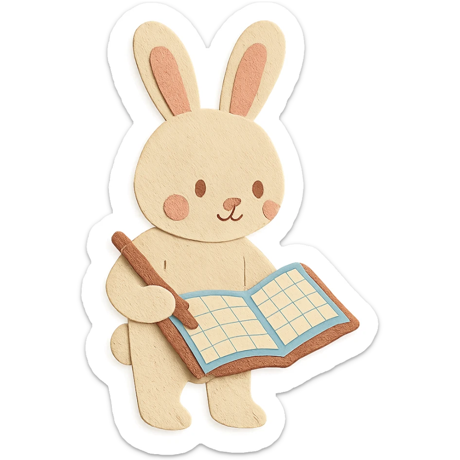 flawless, highly detailed, high quality paper craft style illustration of a cream-colored bunny standing and writing in a planner, perfect proportions, no imperfections, intricate textures, soft lighting, delicate cut-paper details sticker
