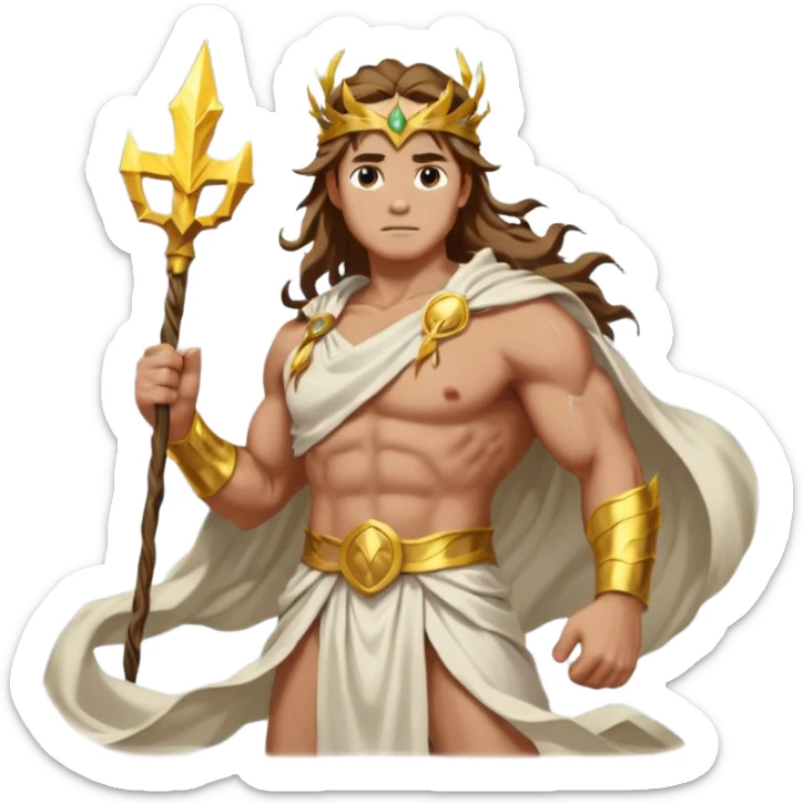 portrait of a thunder god with muscular build, white flowing toga, golden laurel crown, holding a glowing lightning bolt, long wavy hair, standing on stormy clouds, confident stance, front-facing sticker