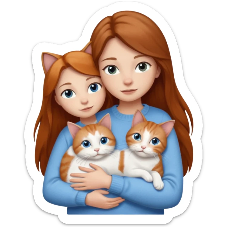 a girl with long brown hair, with blue eyes, in a
white sweater, hugs 3 cats a brown tabby and white, a ginger and white and a grey and white sticker