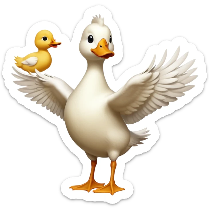 A duck and a goose and a chicken doing a cheer stunt the duck is the flyer and the goose is the base and the chicken is the back spot sticker