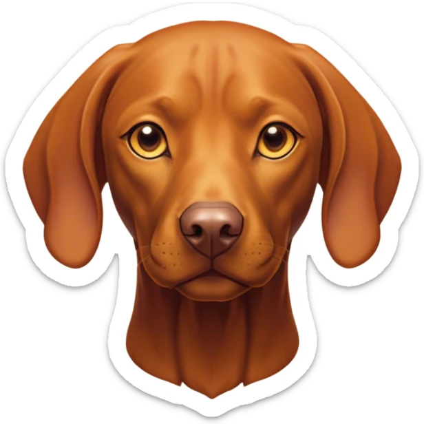 Cinematic Noble Vizsla Portrait Emoji, Poised and regal, with a sleek, athletic build and a short, smooth Fur of rust and gold, deep-set soulful amber eyes, Simplified yet sharp and sophisticated features, highly detailed, glowing with a soft, dignified glow, high shine, intelligent and agile, stylized with an air of determination, focused and attentive, soft glowing outline, capturing the essence of a watchful and confident companion, so majestic it feels as though it could sprint out of the screen with effortless authority! sticker