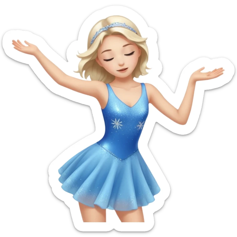 The ice skater girl in the sparkling blue dress spins gently with her eyes closed. sticker