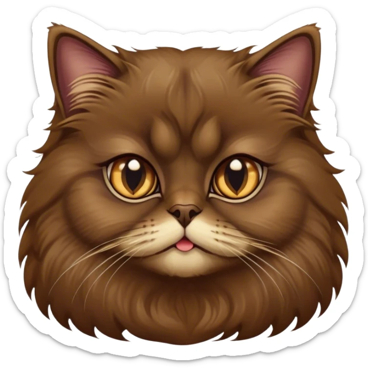 Cinematic Adorable Big-Eyed Fluffy Dark Brown Persian Cat Portrait Emoji, Head tilted playfully with a sweet expression, fluffy dark brown fur with rich caramel and gold undertones, Simplified yet irresistibly cute features with large, expressive eyes, highly detailed, glowing with a warm and gentle glow, high shine, a mix of affectionate and curious, stylized with a touch of whimsy, bright and full of charm, soft glowing outline, capturing the essence of a fluffy, loving kitty with oversized eyes, so endearing it feels like it could leap out of the screen and cuddle with you instantly! sticker