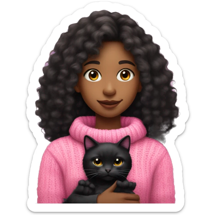 A black light skinned teenager girl with Long curly hair wearing a pink knit sweater and pink hat. The girl is holding a black fluffy cat sticker