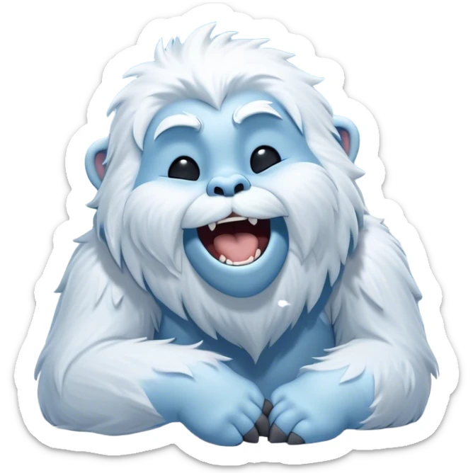 Cinematic Cute Yawning Yeti Portrait Emoji, with a charming, fluffy, snow-dusted figure in gentle whites and cool blues, head tilting back in a wide, endearing yawn with softly closed, peaceful eyes and a content little smile, simplified yet irresistibly adorable, highly detailed with a soft, frosty glow and outline capturing the serene slumber of a yeti! sticker