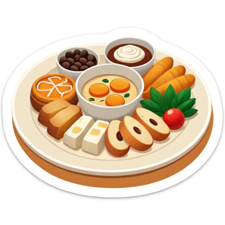 Homemade dishes on a plate, warm cozy colors, simple shapes, flat design, high contrast, friendly and inviting. sticker