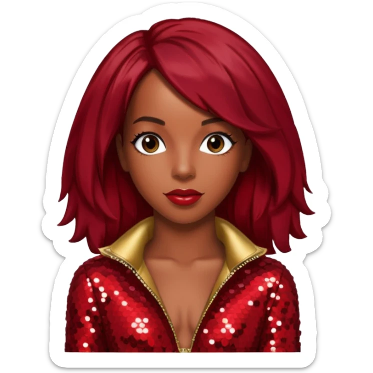 Kelly Rowland from Destiny's Child with dark red hair, red sequin outfit sticker
