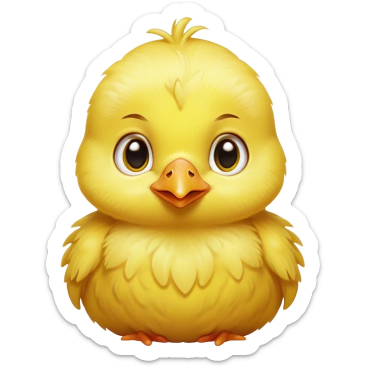 Cinematic Noble Yellow Baby Chicken Portrait Emoji, Poised and regal, with a tiny, fluffy build and a vibrant, well-groomed bright yellow downy coat, deep-set soulful beady eyes, Simplified yet sharp and sophisticated features, highly detailed, glowing with a soft, dignified glow, high shine, intelligent and charming, stylized with an air of youthful elegance, focused and attentive, soft glowing outline, capturing the essence of a watchful and confident little chick, so majestic it feels as though it could peep out of the screen with effortless authority! sticker