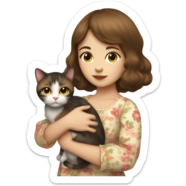 A girl with white skin, brown hair with bangs, wearing a floral dress, holding a calico cat in her arms  sticker