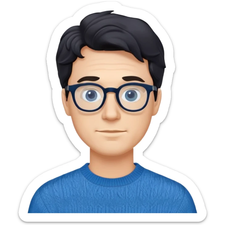 Caucasian male with wavy black hair wearing eyeglasses and a blue long sleeve pullover sweater sticker