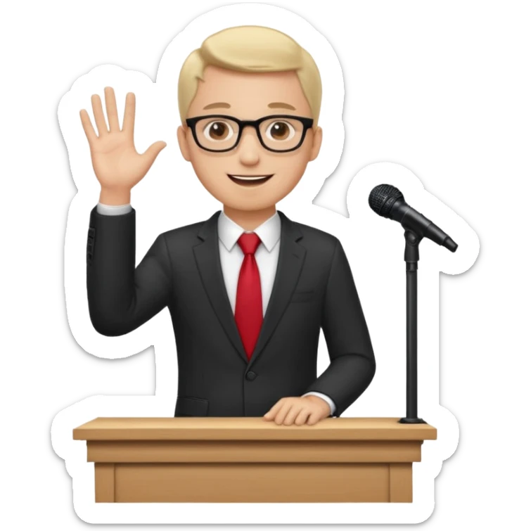 A professional clean-shaven man in a dark business suit and red tie standing behind a wooden podium, speaking confidently. A small microphone is placed on the podium. The man has glasses, a friendly smile, and open hand gestures. Soft studio lighting, neutral dark background, realistic emoji style. sticker