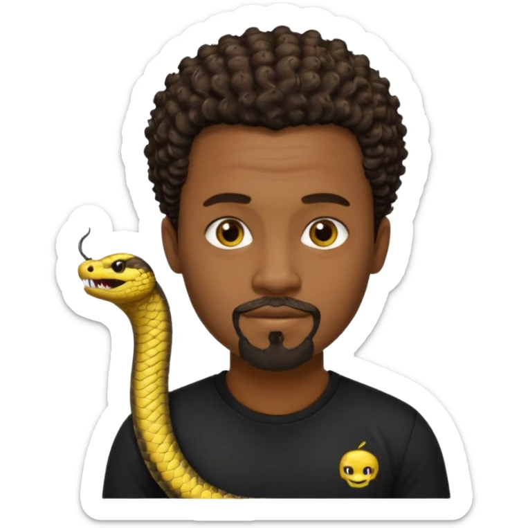 Homme noir, yeux marron avec un bouc que le menton, cheveux court et bouclé crépus avec dégradé sur le côté, avec un cobra à côté , t-shirt noir  sticker