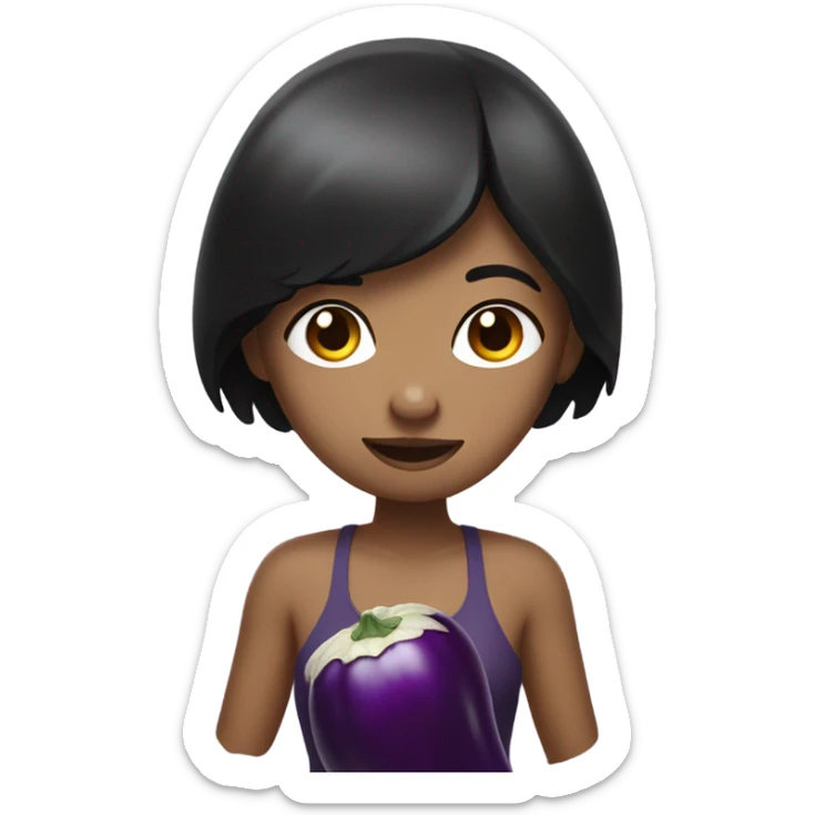 girl holding egg plant with black hair and white skin sticker