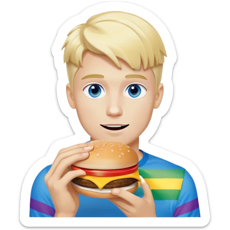 Young blonde man with white skin and blue eyes from LGBT community eating McDonald's hamburger, pride flag colors sticker