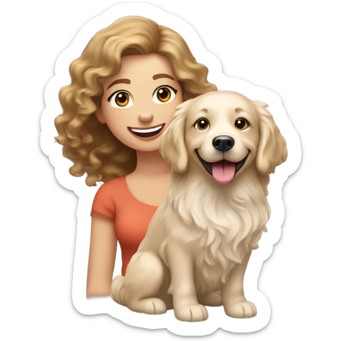 bouncy blow dry brown haired woman and her English cream golden retriever curly haired dog smiling sticker
