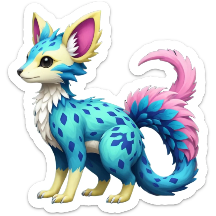 Beautiful pretty cool edgy elegant realistic Feral Rare Fantasy colorful vibrant Vernid-Trico-species-Fakemon-creature by LiLaiRa, random markings, tufted tail, tufted ears, full body sticker