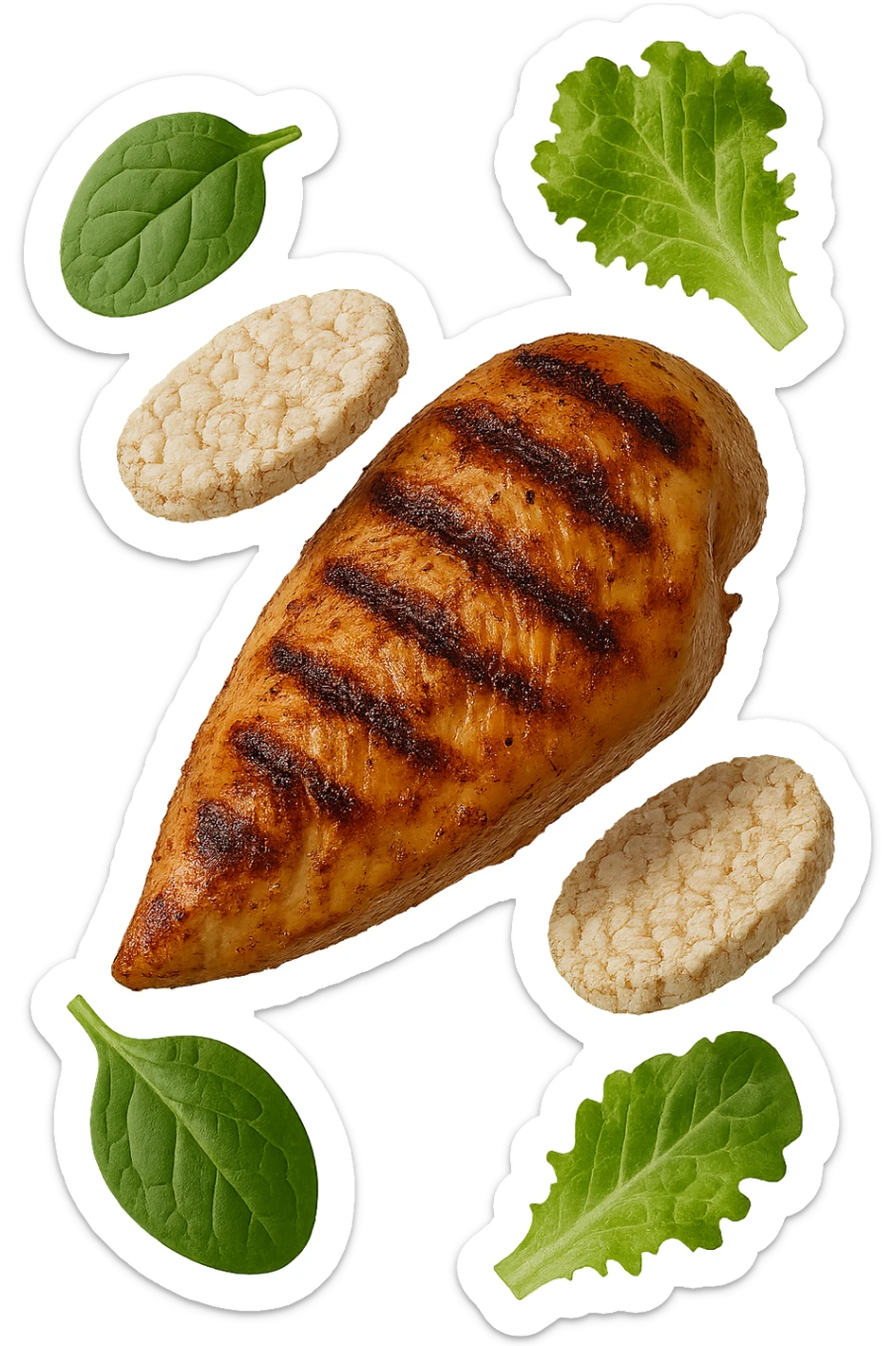 petto di pollo grigliato fluttua in aria insieme a gallette di riso e foglie di insalata, iperrealistico 4k sticker