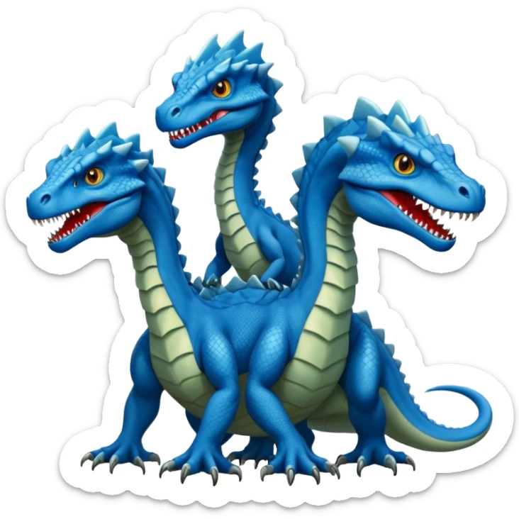 blue hydra, strong reptilian body, like a dinosaure, not like a snake, dragon characteristics,  with 3 heads rising from its neck sticker