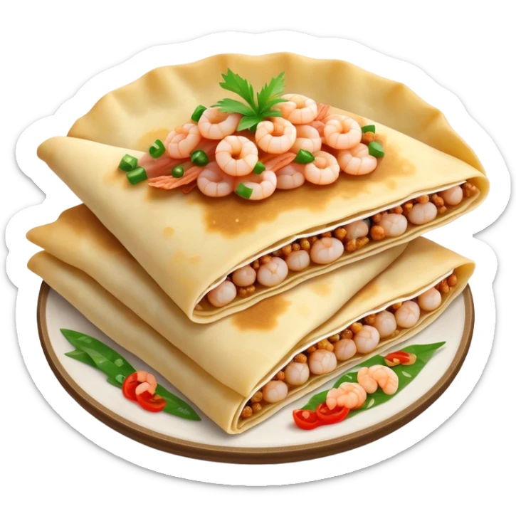 Bánh Xèo Cinematic Realistic Bánh Xèo Dish Emoji, depicted as a crispy, folded semi circle crepe filled with tiny shrimp and pork, rendered with dynamic textures and vibrant, appetizing lighting. sticker