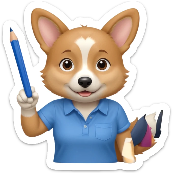 perrita caricatura gorgi gales trabajadora con camiseta celeste apuntando con un lapiz hacia el costado izquierdo sticker