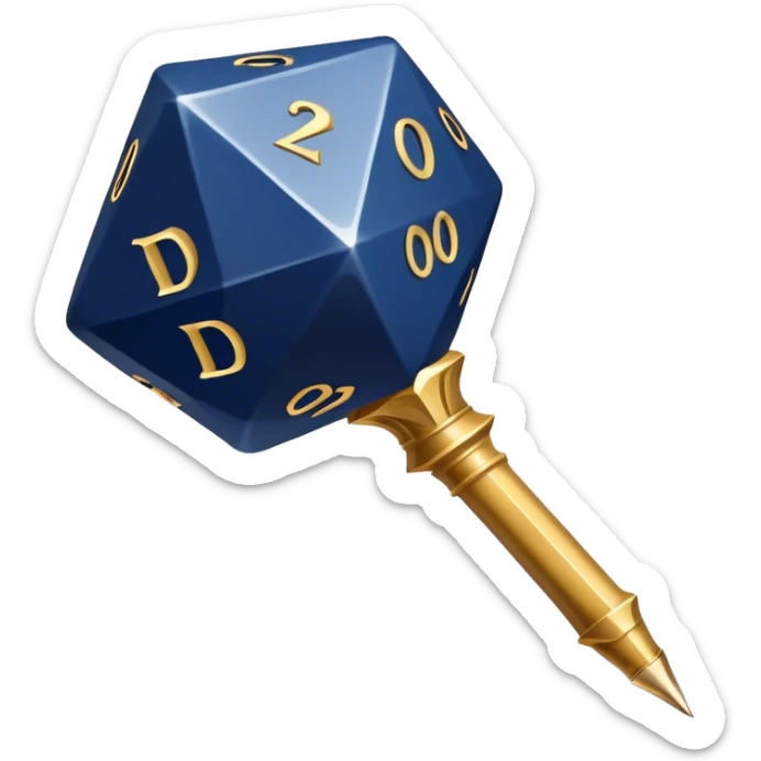 A golden quill crossing with a d20 that has no symbols on the d20
Color: Gold and deep navy blue sticker