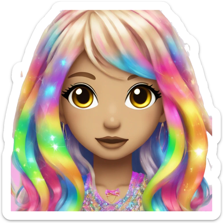 hime gyaru girl, rainbow shimmer hair, neon, colorful, bright, sparkle sticker