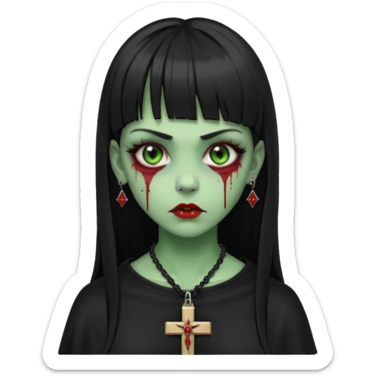 zumbi verde com olhos vermelhos sangrando e franja roupa preta e um crucifixo como colar, sem ser na testa e um piercing no nariz bem feminino a franja reta também  sticker