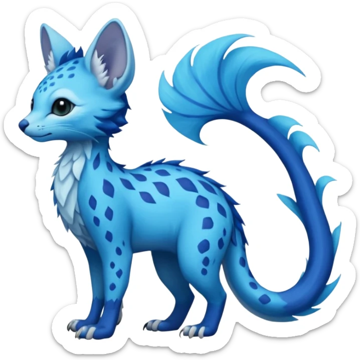 Feral Rare Fantasy vibrant tropical cobalt-blue and cyan Vernid-Trico-species-creature by LiLaiRa, random markings, tufted tail, tufted ears, full body sticker