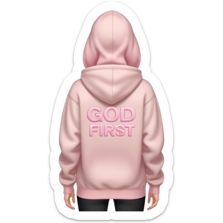 back view of a hoodie Pale pink color with stronger pink letters sayin God Is First  sticker