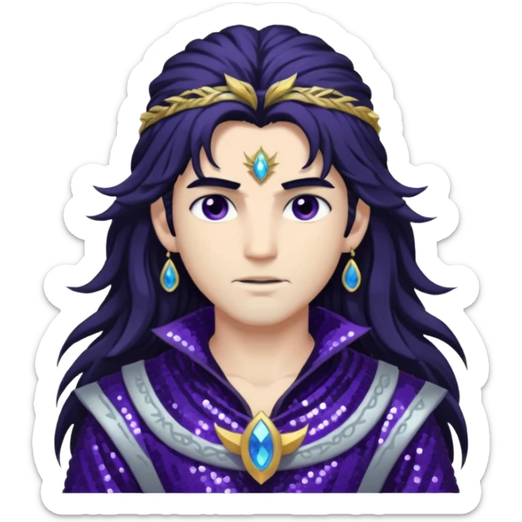 Boreas, God of North Wind from Gods and Goddesses with long black shaggy hair, dark purple sequin outfit sticker