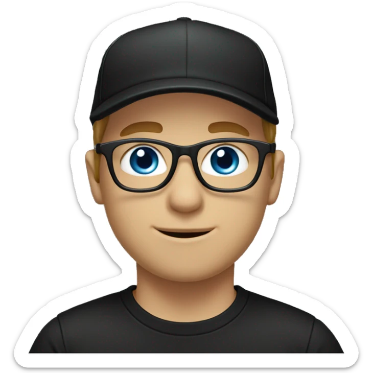White male wearing glasses and black cap in a black t-shirt and blue eyes sticker