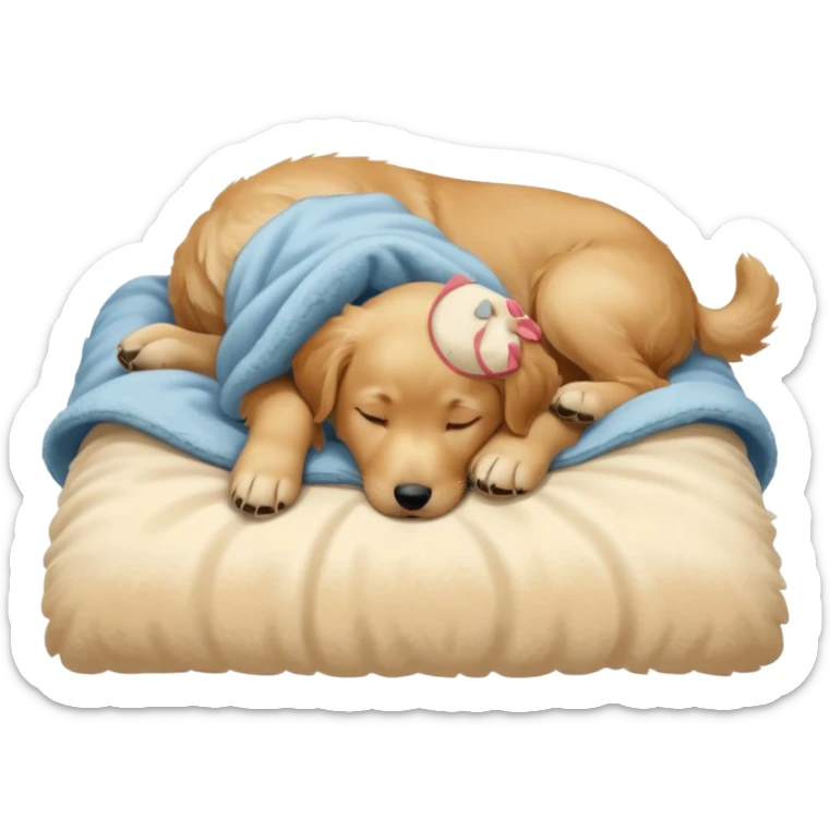 A Golden Retriever puppy sleeping peacefully on a soft blanket indoors. Cozy home environment, natural lighting, soft focus, adorable realism. sticker