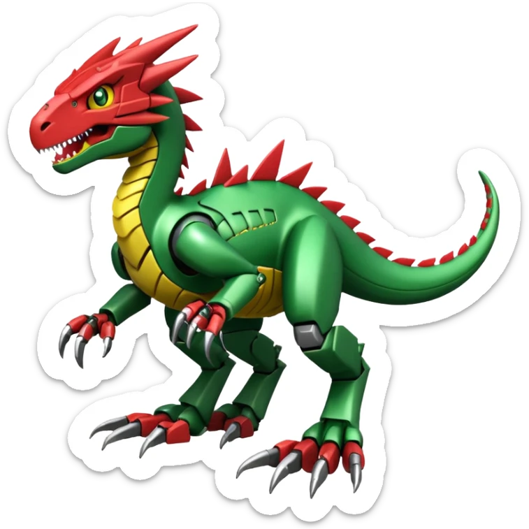 Cool Edgy Green Red Yellow Digimon-Fakemon-Guilmon-Velociraptor-Dragon-Mecha full body sticker