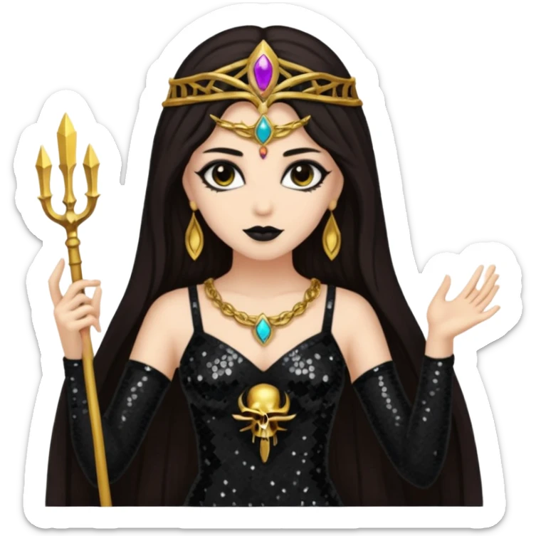 Libera, Goddess of Death from Gods and Goddesses with long dark brown hair, black sequin outfit sticker