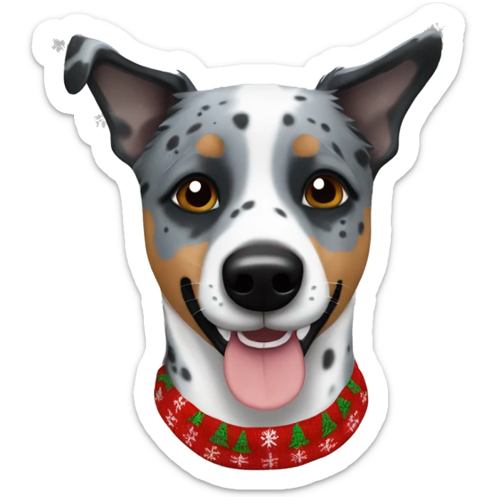 Blue heeler dog with one black spot on left eye in a Christmas sweater sticker