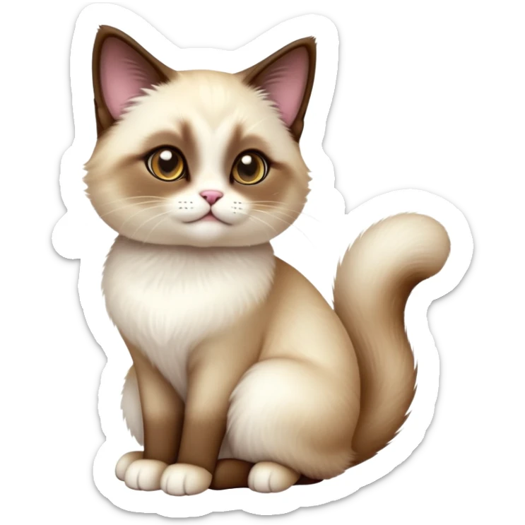 cinematic-[snowshoe cat]-realistic-full-body-sitting-emoji,-tail-curled-playfully-around-its-paws,-head-tilted-dramatically,-fluffy-[siamese]-fur,-simplified-yet-realistic-focused-features,-highly-detailed,-glowing-with-an-almost-sarcastic-glow sticker
