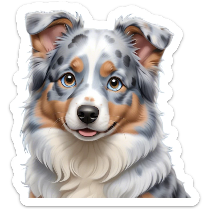 Cinematic Cute Tan Point Blue Merle Australian Shepherd Portrait Emoji, Head tilted playfully and inquisitively, soft blue merle fur accented by vibrant tan points and subtle white markings, round, sparkling blue eyes filled with curiosity, Simplified yet irresistibly adorable features, highly detailed, glowing with a warm, friendly glow, high shine, affectionate and lively, stylized with a touch of whimsy, bright and endearing, soft glowing outline, capturing the essence of a mischievous yet loving pup, so playful it feels like it could bound out of the screen and into your arms! sticker